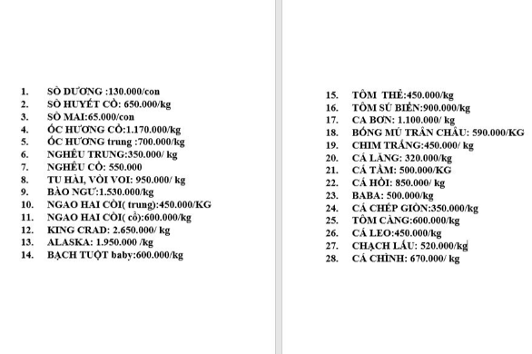 BẢNG GIÁ HẢI SẢN