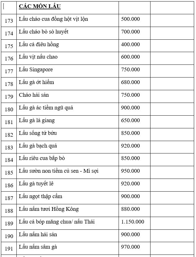 CÁC MÓN LẨU (10 khách)