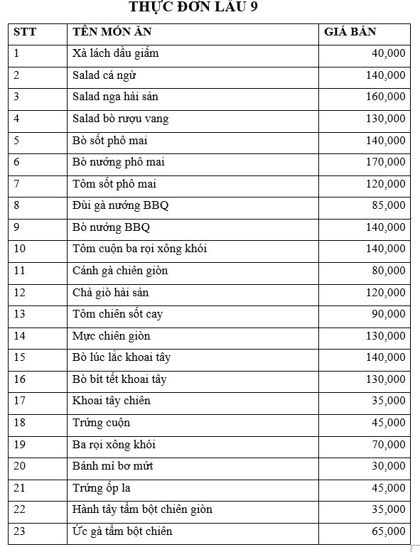 THỰC ĐƠN LẦU 9