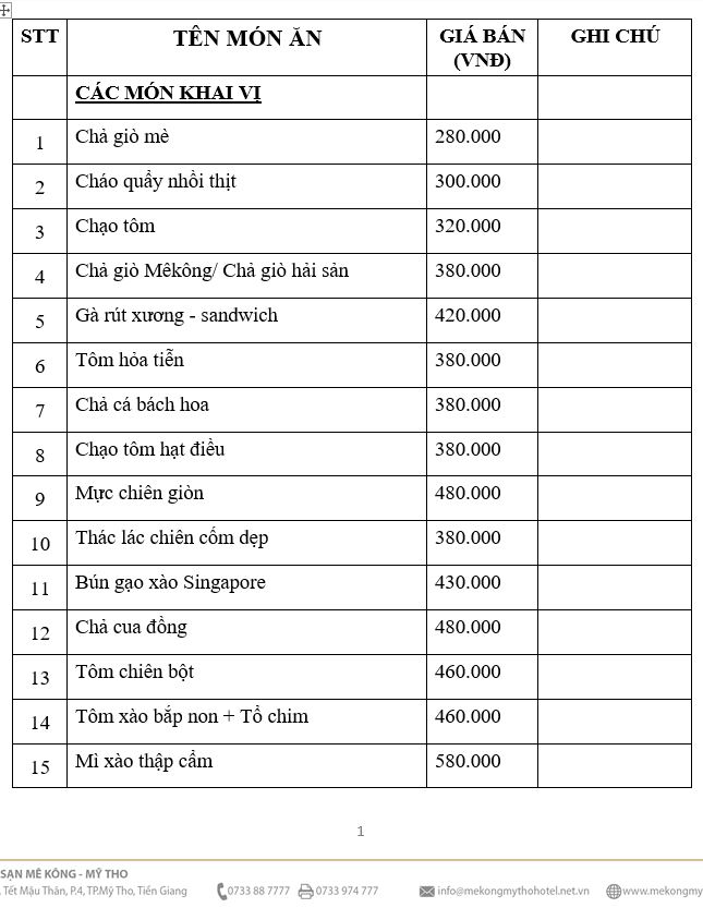 CÁC MÓN KHAI VỊ (10 khách)