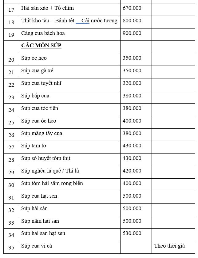 CÁC MÓN SÚP (10 khách)