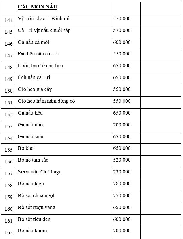 CÁC MÓN NẤU (10 khách)