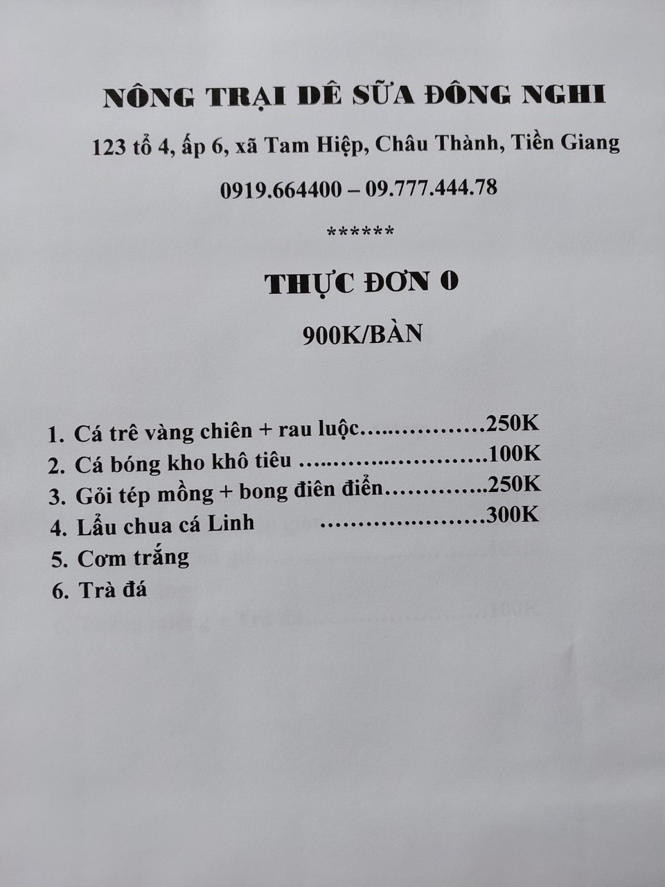 Thực đơn 0 (1 bàn)