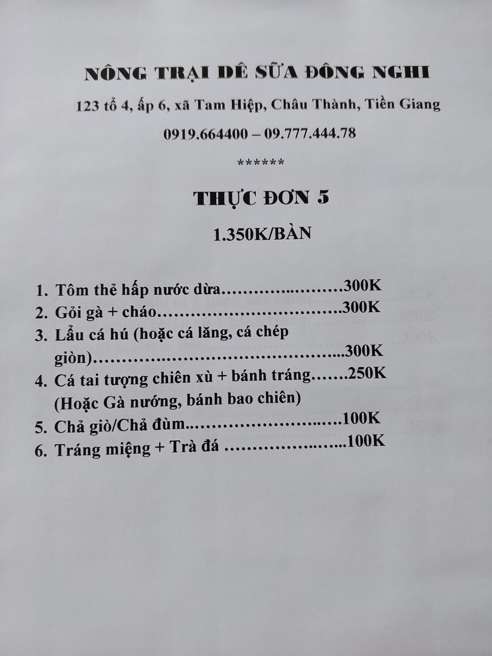 Thực đơn 5 (1 bàn)