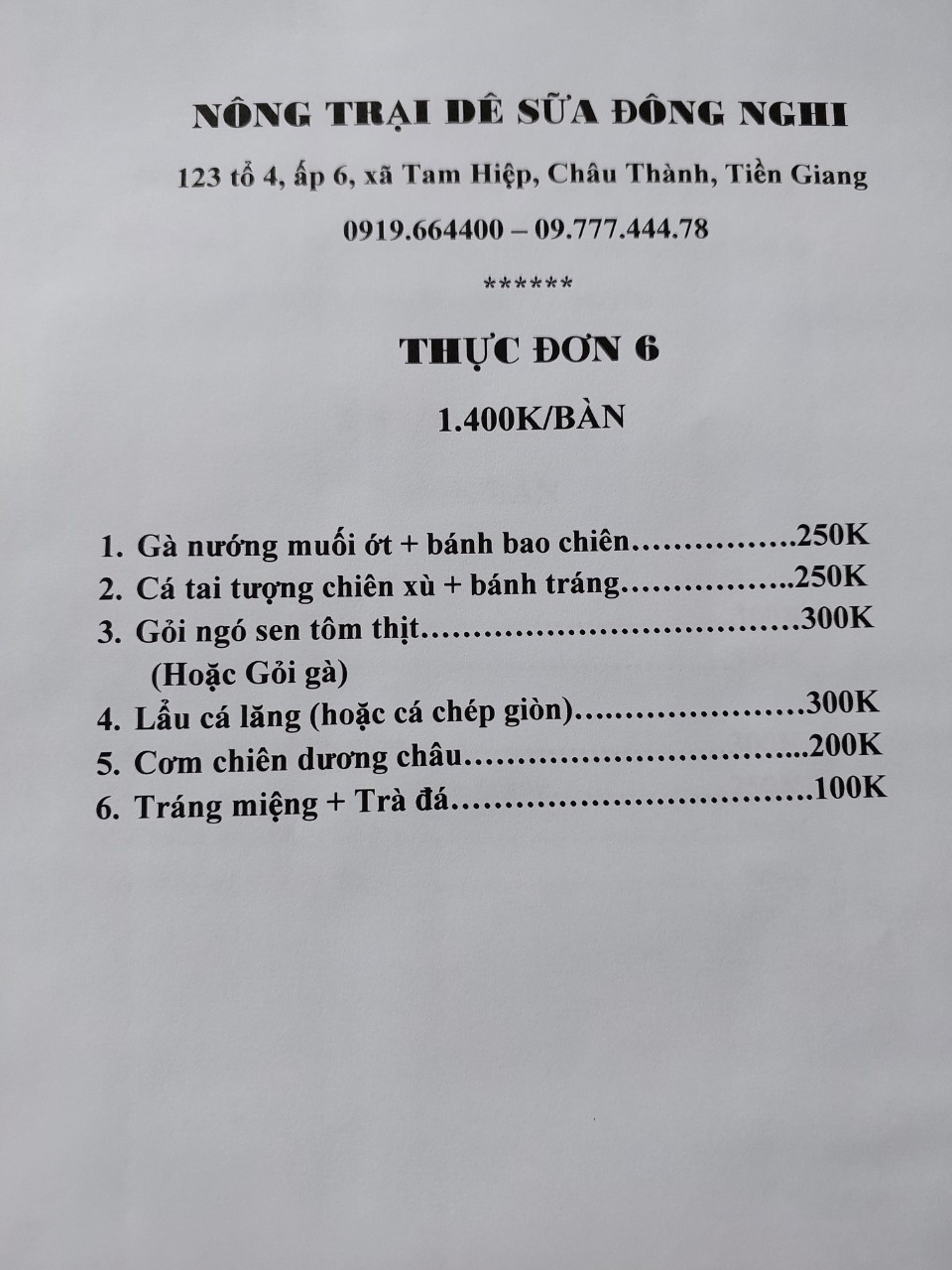 Thực đơn 6 (1 bàn)
