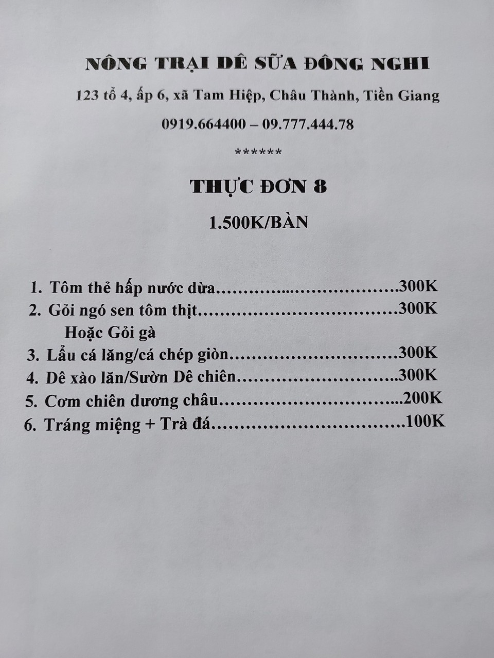Thực đơn 8 (1 bàn)